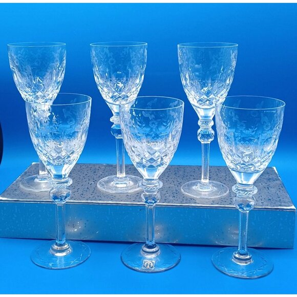 Rogaska Gallia Set Of 6 Floral Etched Cut Lead Crystal Wine Glasses 7" Tall - Picture 2 of 14